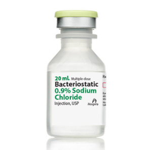 A bottle of Bacteriostatic 0.9% Sodium Chloride Injection, USP (20 mL bottle) by Henry Schein.