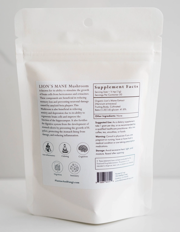 A white Lion's Mane Mushroom Powder 2 oz. | 50 servings bag with a white label on it containing Faire.com's Lion's Mane Mushroom extract powder.