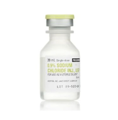 A bottle of Henry Schein Sodium Chloride Injection USP 0.9% (20mL) (priced per vial) with a white background.
