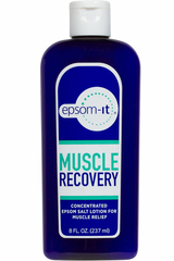 A bottle of concentrated Epsom-It Muscle Recovery Lotion 8 fl. oz. by HealthyKin, for deep pain relief and muscle recovery.