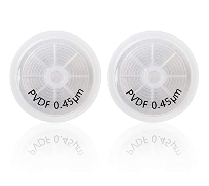 A pair of NON-sterile Allpure PVDF syringe filters with the word fea 0 0 on them, branded Amazon.