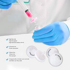 A person is holding a NON-sterile syringe with an Allpure Syringe Filter - 25mm | 0.45μm | PES (priced per filter) attached to it, branded by Amazon.