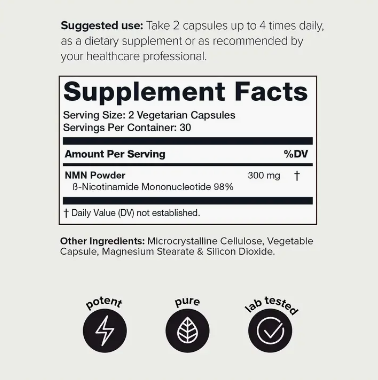 A label for Faire.com's NMN Booster – 300mg 98% Pure (60 Veggie Caps), a high-purity supplement that contains vitamins and minerals with health benefits.