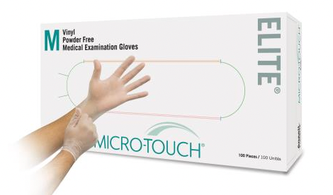 A box of Ansell MICRO-TOUCH® ELITE® Powder-Free Synthetic Medical Exam Gloves (MED) by NDC, with a hand in it.