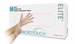 A box of Ansell MICRO-TOUCH® ELITE® Powder-Free Synthetic Medical Exam Gloves (MED) by NDC, with a hand in it.