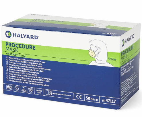 A box of MedPlus Halyard Procedure Mask with So-Soft Ear-loops (1 Box of 50) with three-layer construction on a white background.