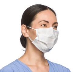 A woman wearing a MedPlus Halyard Procedure Mask with So-Soft Ear-loops (1 Box of 50).