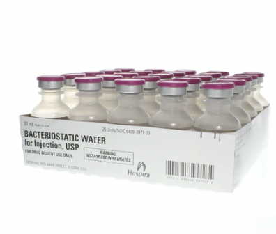 A box of Henry Schein Bacteriostatic Water 30ml syringes on a white background.