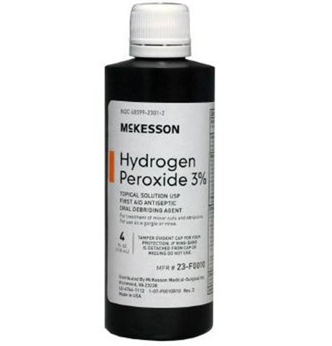 A bottle of HealthyKin's McKesson Hydrogen Peroxide 3% (4 fl. oz.) - First Aid aid.