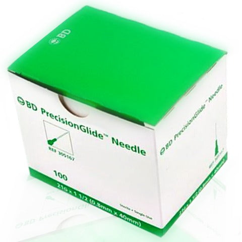 A MedPlus sterile green box containing a BD PrecisionGlide Hypodermic Needle with luer tip.