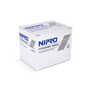 A box of Nipro Disposable Hypodermic Needles 27 x 1 1/4" (50 Pack) on a white background.