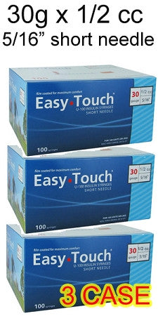 Three boxes of MHC EasyTouch Insulin Syringes 0.5cc (0.5ml) x 30G x 5/16" - 3 BOXES (300 SYRINGES), providing comfortable injections with short needles.