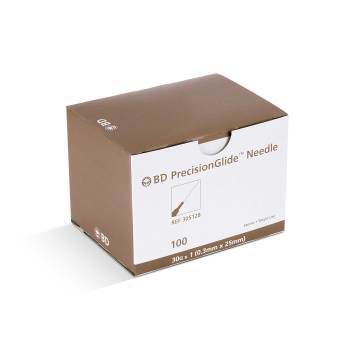 A sterile brown box with BD PrecisionGlide Hypodermic Needles 30G x 1" (50 Pack) brand MedPlus, luer tip and needle gauge on top.