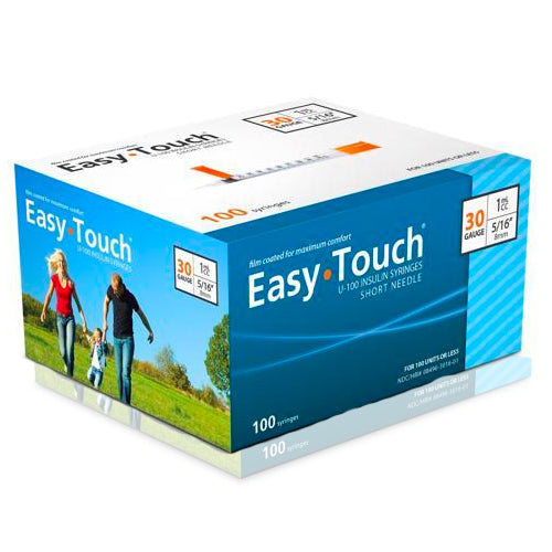 A box of MHC EasyTouch Insulin Syringes 1cc (1ml) x 30G x 5/16" - 1 BOX (100 SYRINGES) on a white background.