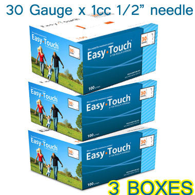 3 boxes of MHC EasyTouch Insulin Syringes 1cc (1ml) x 30G x 1/2" - 3 BOXES (300 SYRINGES) with comfortable injection,