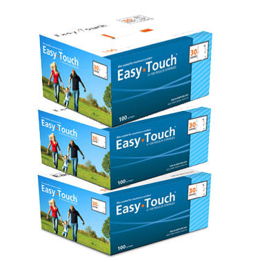 Three boxes of MHC EasyTouch Insulin Syringes 0.5cc (0.5ml) x 30G x 1/2" - 3 BOXES (300 SYRINGES) on a white background.
