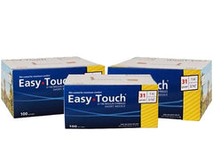 Three boxes of MHC EasyTouch Insulin Syringes 1cc (1ml) x 31G x 5/16" - 3 BOXES (300 SYRINGES) on a white background.