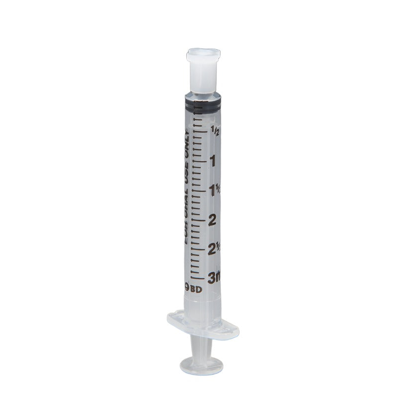 A MedPlus BD 3cc (3ml) Oral Syringe CLEAR (10 pack) with volumetric accuracy in dosing, on a gray background.