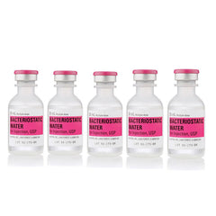 Five bottles of Bacteriostatic Water 30ml (5 pack) with pink lids on a white background. (Henry Schein)