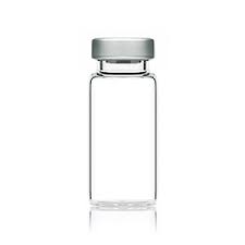 A ALK sterile empty vial 5cc (5ml) with a silver lid on a white background.