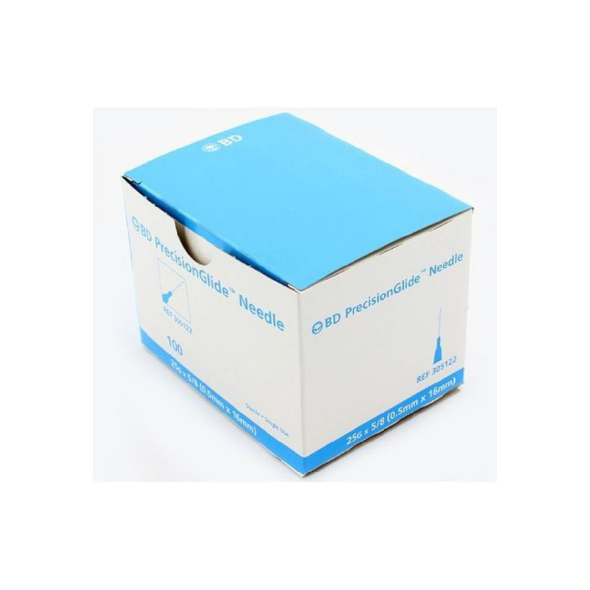 A blue box with BD PrecisionGlide Hypodermic Needles 25G x 5/8" (50 Pack) inside, featuring a blue lid, from MedNeedles/MedPlus.