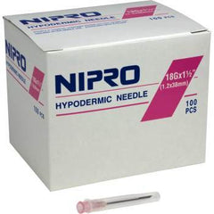 A box of Nipro 5cc (5ml) 18G x 1 1/2" Luer-Lock Syringe & Hypodermic Needle Combo (50 pack) needles.