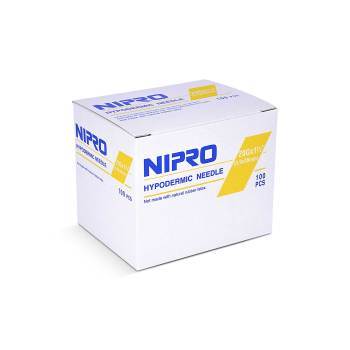 A box of Nipro Disposable Hypodermic Needles 20G X 1 1/2" (50 Pack) and sterile needles on a white background.