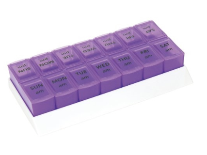 A HealthyKin Apex 7-Day AM/PM Pill Organizer, shaped like a tray, designed for an AM/PM regimen.