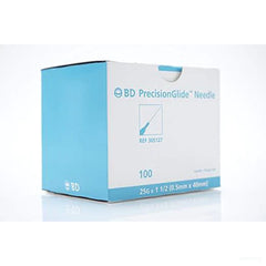 A sterile box of BD PrecisionGlide Hypodermic Needles 25G x 1 1/2" (50 Pack) by MedPlus on a white background.