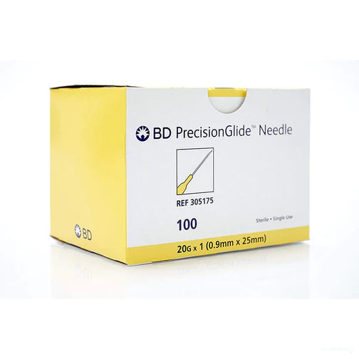 A box of sterile MedNeedles.com BD PrecisionGlide Hypodermic Needles 20G x 1" (50 Pack).