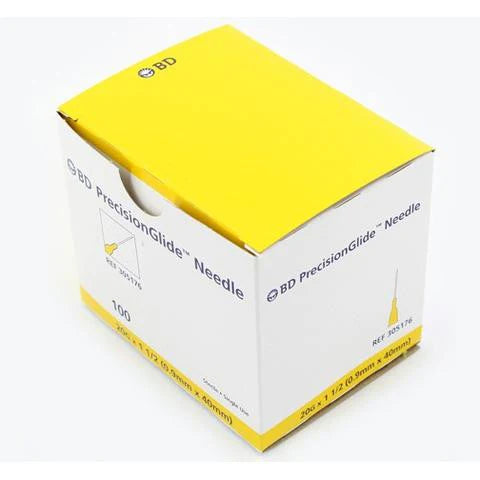 A yellow box with a yellow label on it containing BD PrecisionGlide Hypodermic Needles 20G x 1 1/2" (50 Pack), potentially discontinued and possibly from MedNeedles.com.