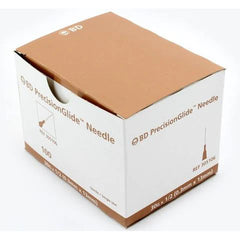 A box with MedPlus BD PrecisionGlide Hypodermic Needles 30G x 1/2" (50 Pack), including a 30 G needle with a luer tip, on a white surface.