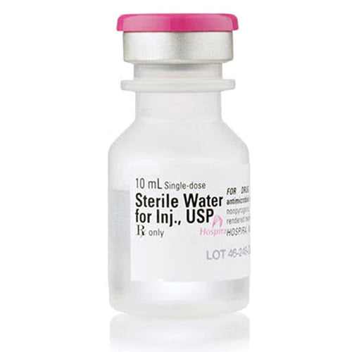 A bottle of Henry Schein Sterile Water for Injection, USP (10 mL) (priced per bottle) for HIP injections.
