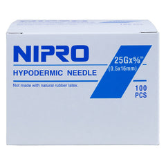 A box of Nipro Disposable Hypodermic Needles 25G x 5/8" (50 Pack) containing sterile needles.