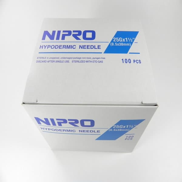 A box of Nipro Disposable Hypodermic Needles 25G X 1 1/2" (50 Pack), sterile and Luer Lock, on a white surface.