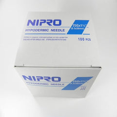 A box of Nipro 5cc (5ml) 25G x 1 1/2" Luer-Lock Syringe & Hypodermic Needle Combo (50 pack) on a white surface.