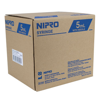 A box of Nipro 5cc (5ml) Luer-Lock Syringe - NO NEEDLE (50 pack) on a white background.