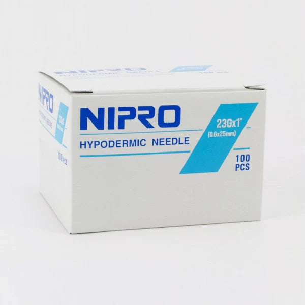 A box of Disposable Hypodermic Needles 23G X 1" (50 Pack) by Nipro on a white background.