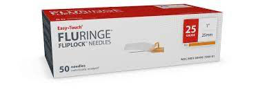 A box of MHC EasyTouch FLURinge Flip Lock Safety Needles 25G x 1" (1 box of 50 needles) in a white box.