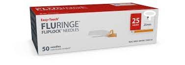 A box of MHC EasyTouch FLURinge Flip Lock Safety Needles 25G x 5/8" (1 box of 50 needles) for needlestick injuries and insulin safety needles.