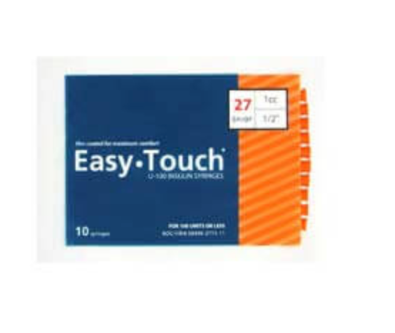 EasyTouch Insulin Syringes 1cc (1ml) x 27G x 1/2" - 5 BAGS (50 SYRINGES)
