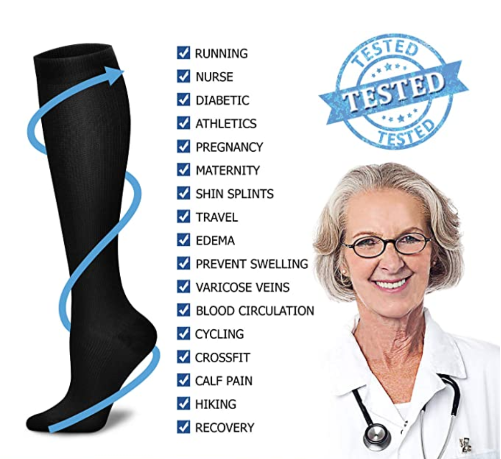A woman wearing a pair of Caring Compression Socks (3 Pairs) 15-20 mmHg (LARGE-X-LARGE) made by Amazon offering great support.