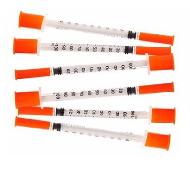 Five MHC EasyTouch Insulin Syringes 1cc (1ml) x 29G x 1/2" - 1 bag (10 SYRINGES), used for injections and filled with insulin, placed on a white background.