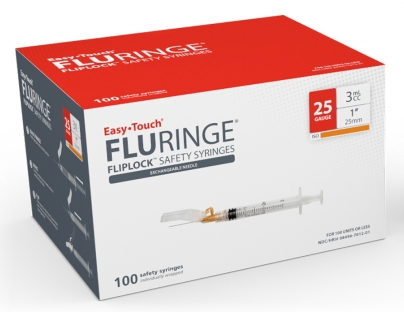 MHC EasyTouch FLURinge Flip Lock Safety Syringes with Fixed Needles in a box featuring EasyTouch technology. Each syringe is equipped with a protective cover sleeve after injection for added safety.