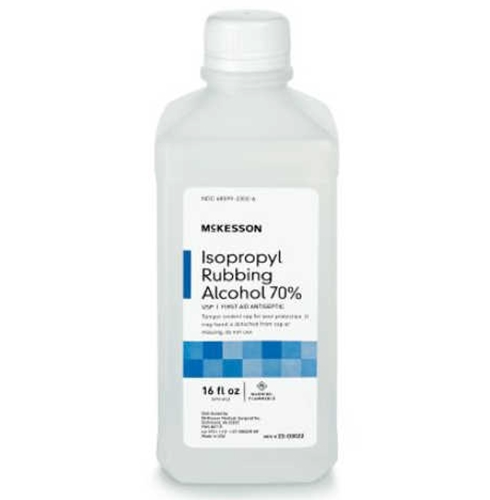 A bottle of HealthyKin McKesson Isopropyl Rubbing Alcohol 70% (16 fl. oz.), a first aid antiseptic, on a white background.