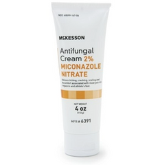 A tube of McKesson Antifungal Cream 2% Miconazole Nitrate (4 oz. tube) on a white background, specially formulated with miconazole nitrate to effectively treat symptoms of athlete's foot.