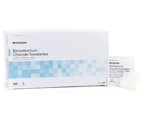 A box of alcohol-free McKesson BZK Towelettes (Box of 100) by HealthyKin.