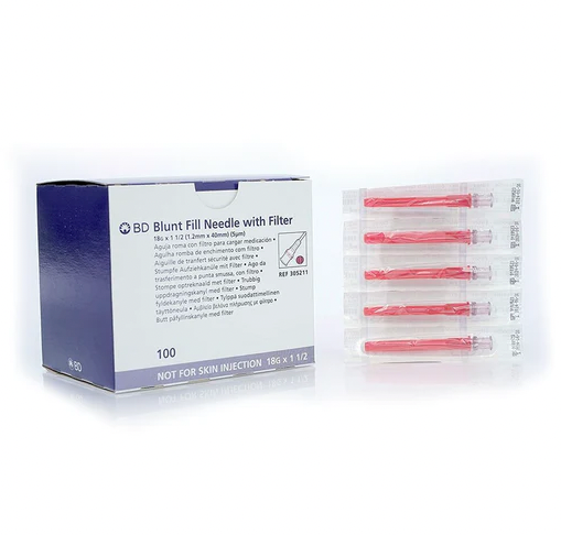 A package of sterile syringes, including MedNeedles.com BD Blunt Fill Needle with 5 Micron Filter 18G x 1 1/2" - Sterile (10 pack).