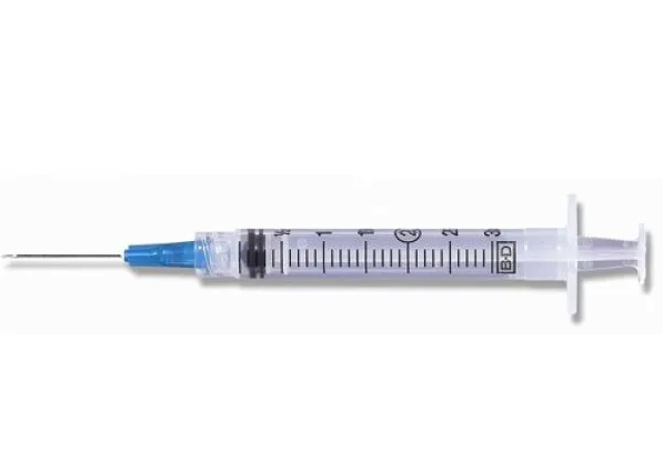 A MedNeedles/MedPlus BD 3cc (3ml) 25G x 5/8" Luer-Lok Syringe w/ PrecisionGlide Needle (10 pack) on a white background.