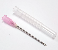 A Nipro plastic tube with a pink 3cc (3ml) 18G x 1" Luer-Lock Syringe & Hypodermic Needle Combo (50 pack) in it.